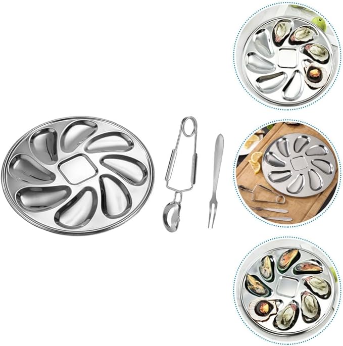 UPKOCH 1 Set of Stainless Steel Oyster Serving Tray, Shell Plate with Fork and Opener Tool, Silver, 9 Inch Diameter, for Home and Restaurant Use