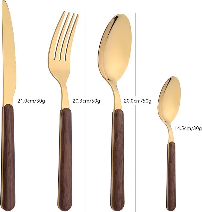 24 Piece Tableware Silverware Set with Faux Wooden Handle, Brown Gold Stainless Steel Flatware Cutlery Set for 6, Utensil Set for Home Including Forks Spoons Knives, Mirror Polished