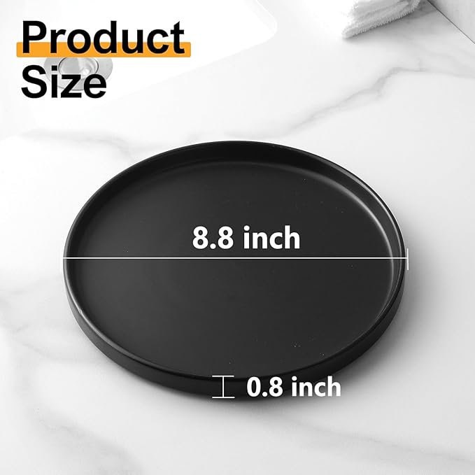 8.8" Black Ceramic Round Tray - Candle Plate Holder Tray, Decorative Vanity Trays for Bathroom Counter, Ceramic Tealight Pillar Trays, Coffee Table Decor, Perfume, Plant.