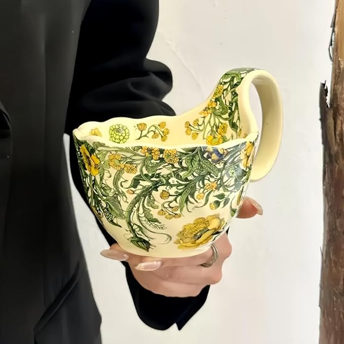 16.91oz/500ml Handpainted Soup Bowl with Handle,Ceramic Cereal Bowl Microwave & Dishwasher Safe,Loop Handle Bowl Great for Soup,Yogurt,Snack,Chip,Stew,Ice Cream,Coffee (Winter Jasmine)