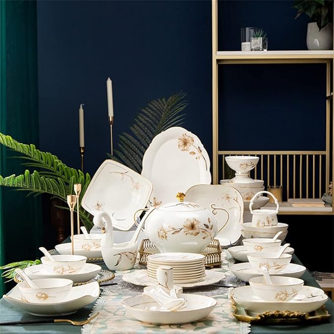 Household Ceramic Bowl and Plate Set, Bone Ceramic Bowl and Plate, 60 Pieces of Tableware