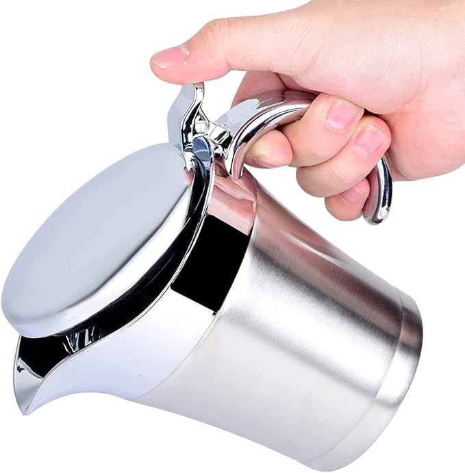 Sauce Gravy Pot, Gravy Boats with Hinged Lid, Creamer Pitcher, 304 Stainless Steel Double Insulated Gravy Boat for Salad Dressing Custard Milk Coffee Cream (Small 450ml)