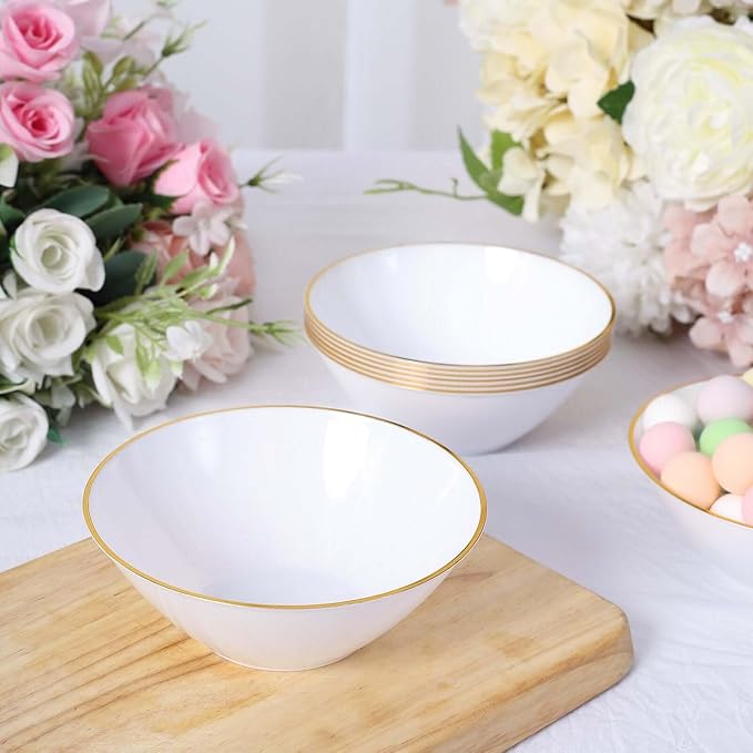 Efavormart 24 Pack | 7oz Glossy White/Gold Rim Heavy Duty Plastic Dessert Bowls, Premium Disposable Ice Cream Party Bowls