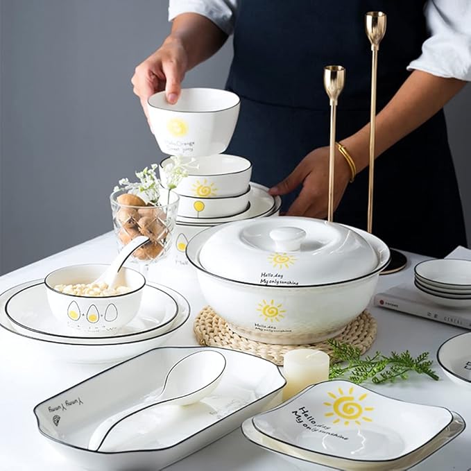 36Pcs Ceramic Dinnerware Set Tableware Dishes Plates Ceramic Combination Dinner Service Set Porcelaine Service for 6, White Luxury Stoneware Tableware Set