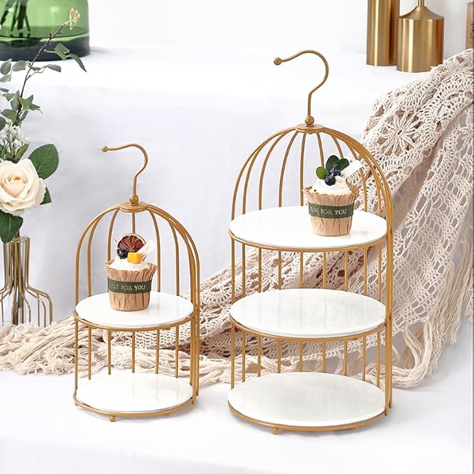 an 8.2*18.5-inch and a 6.5*13.5-inch Three-Layer Polypropylene Double-Layer Polypropylene Birdcage-Shaped Dessert Serving Tray Display Stand, Suitable for Decoration of Wedding Reception Tables.