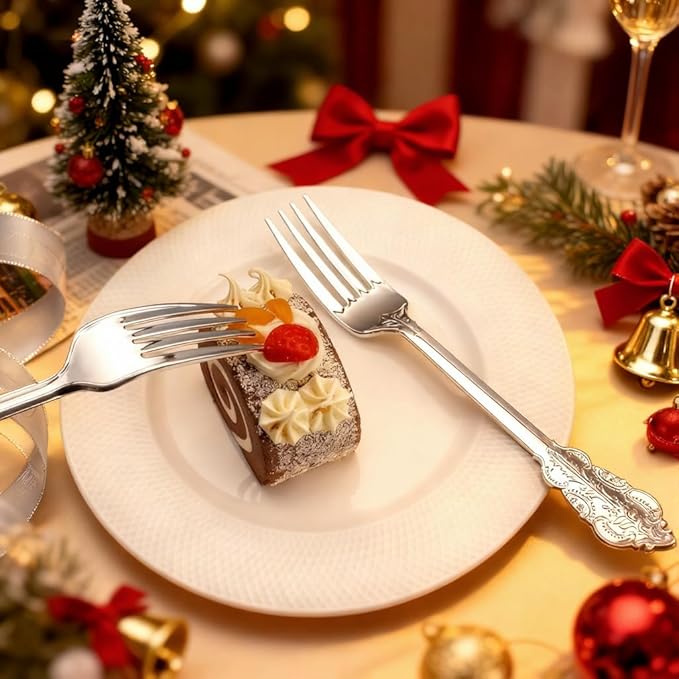 WDF 100 Piece Silver Forks Disposable - 7.48 Inch Silver Plastic Forks - Baroque Silverware for Dessert Cake - Heavy Duty Plastic Fork for Christmas Party, Wedding or Daily Using