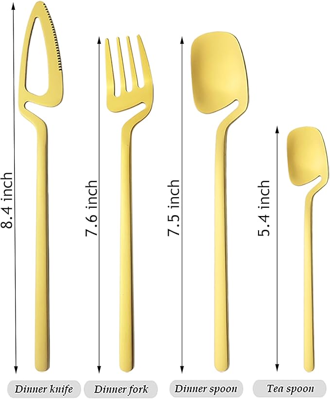 24-Pieces Hangable & Cute 18/10 Stainless Steel Flatware Set, Matte Cutlery Set Kitchen Dinnerware Include Knife/Fork/Spoon/Teaspoon Service for 6, Gold