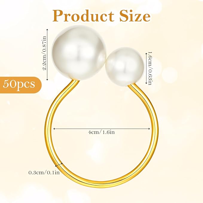 50 Pcs Pearl Napkin Rings, Gold Napkin Ring Holders Elegant Delicate Serviette Ring Buckle for Wedding Gathering Birthday Banquet Party Business Dinner Formal or Casual Dining Table Decor