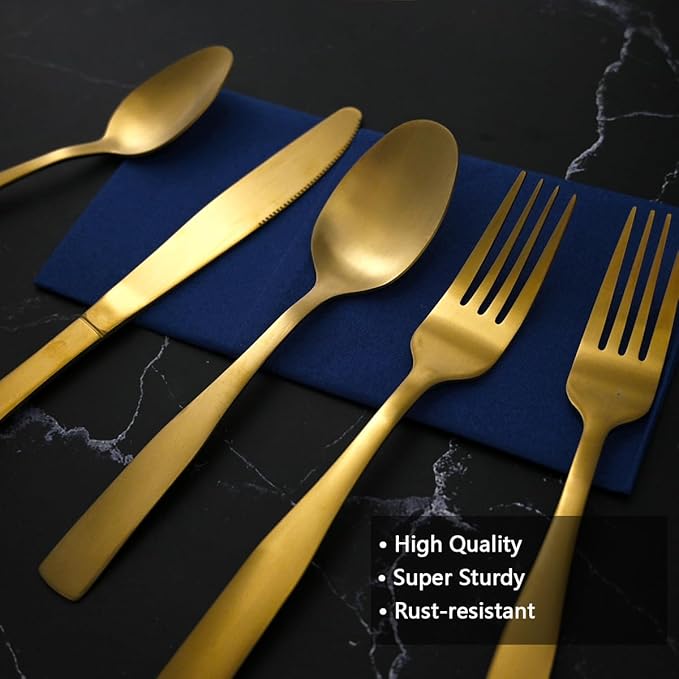 40-Piece Matte Gold Silverware Set for 8, 18/0 Brushed Finish Stainless Steel Utensils Set, Dishwasher Safe Modern Flatware Set for Daily Home Restaurant Party Event Serving For 8