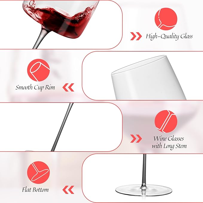 KAMMAK Wine Glasses Set of 2, 17.92 oz Hand Blown Crystal Bordeaux Wine Glasses, Thin Rim & Long Stem, Perfect for Red & White, Daily Use, Wedding or Birthday Gift with Gift Box, RW23174