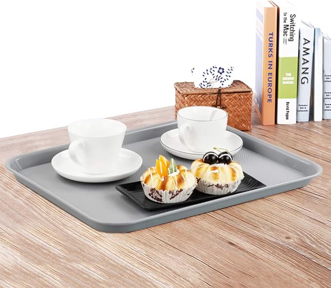 Gloreen Set of 4 Rectangular Fast Food Tray, Cafe Standard Cafeteria Serving Trays, Grey