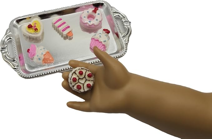Tea Time Mini Silver Rectangle Serving Tray with 6 Mini Play Sweets - Great Size for 18" Dolls