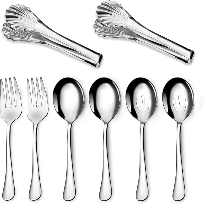 Stainless Steel Serving Utensil Set, 8-Piece, Includes Serving Spoons, Forks, Tongs and Soup Ladle