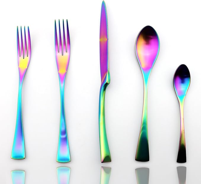 JASHII 20-Piece Iridescent Luxury Flatware Set Silverware Set | 18/10 Stainless Steel Dinnerware Set | Utensils Service For 4 | Matte Rainbow Tableware, Dinner Knife Fork Fork w/DESSERT COFFEE Spoon