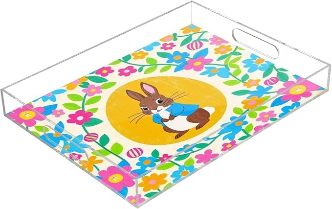 Serving Tray with Handles Clear Acrylic Tray 12x16 Inch Decorative Rectangular Tray Organizer for Ottoman Coffee Table Bathroom Bright Colorful Easter Eggs
