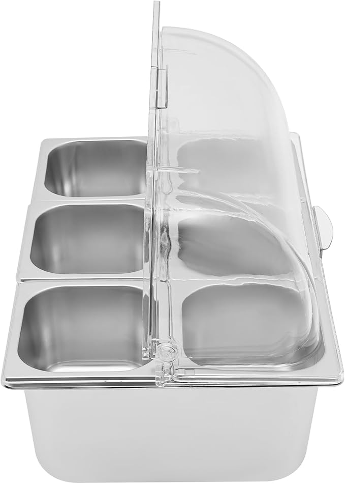 Food Serving Display Container, 2Pcs Countertop Salad Bar with Clear Roll Top Cover, 6-Pan Stainless Steel Food Serving Tray Buffet Condiment Dispenser (12* Spoons+12* Clamps)