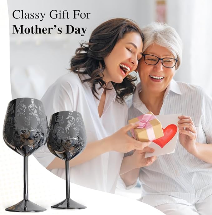 17oz Stainless Steel Wine Glasses [Set of 2] – Black Royal Goblets with Intricate Baroque Engravings, Unbreakable and Shatterproof Wine Cups with Bottle Stopper Ideal for Mother's Day Gift