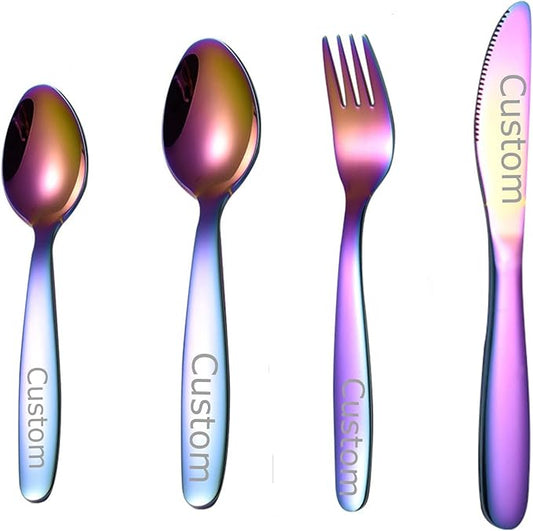 Stainless Steel Customized Rainbow Kids Silverware 2/3/4 Pieces Set,Engraving Name Knife Forks Spoon Set,Personalized Children's name tableware, Customized Flatware Set Rainbow