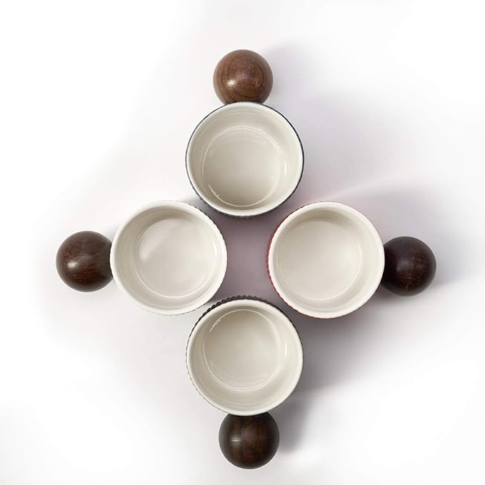 CLASGLAZ Ceramic Mini Espresso Cups Demitasse Cups with Round Wooden Handle Vertical Stripes Tea Cups (white, 2pcs)