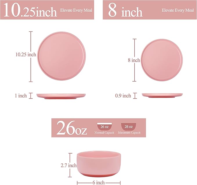 24 Piece Dinnerware Sets for 8, Dual Glaze Stoneware Plates and Bowls Set, Microwave and Dishwasher Safe, Pink
