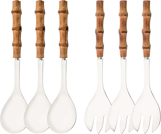 Salad Servers - 10.0 inch Serving Spoons and Forks Set of 6 - Include 3 Large Spoon and 3 Large Fork - Silver Stainless Steel Serving Utensils with Bamboo Handle
