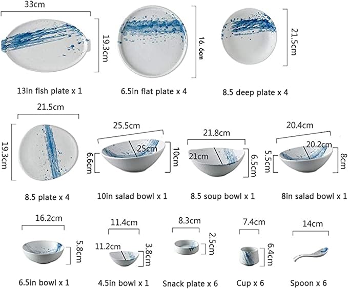 Ceramics Dinnerware Set, Plates and Bowls Sets for Restaurant, 36 Pieces Blue Splash Ink Tableware Combination Set, Matte Irregular Shape Porcelain Dinner Set