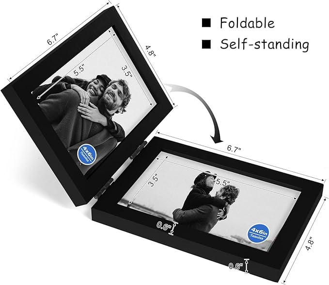 4x6 Double Hinged Picture Frame Folding Photo Frame Vertical and Horizontal in Black Pine Wood with Real Glass for Tabletop P-HEI-SH46