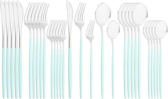 30-Piece Snplowum Mirror Flatware Serving Set, 18/0 Stainless Steel Dinnerware With Mint Green Handle, Modern Durable Home Kitchen Eating Tableware Set Service For 6 (Mint Green Silver)