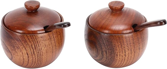 2 Set Condiment Jar, Retro Wooden Condiment Jar Spice Container with Lid and Spoon for Home Restaurant Kitchen, Sugar Bowl with Lid and Spoon, Canisters Pots Seasoning Box Salt Container