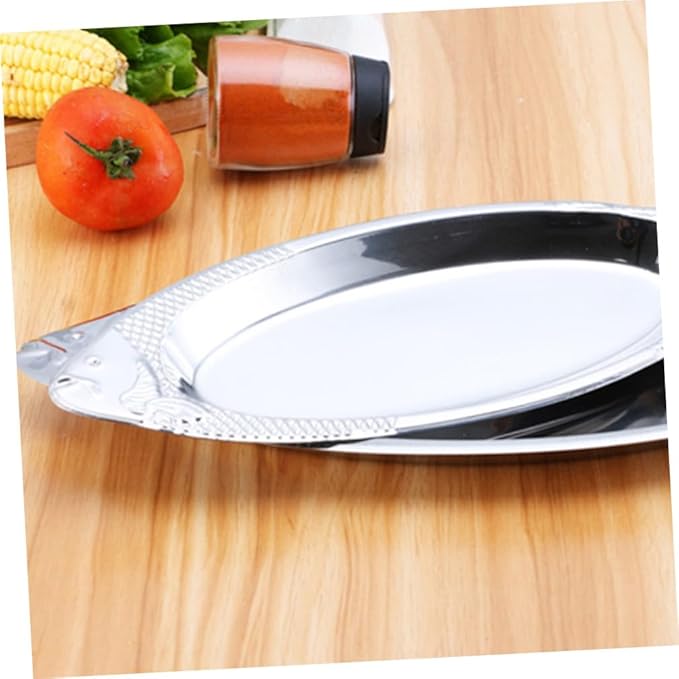 Ciieeo 2Pcs Stainless Steel Fish Shaped Plates Creative Food Trays for Serving Fish and Kitchen Dishware Silver