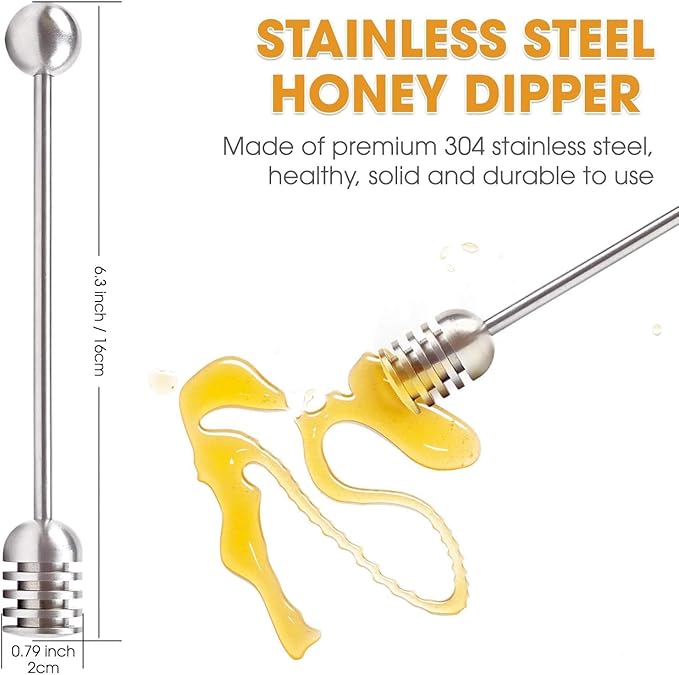 Honey Dipper. Premium 304 Stainless Steel Honey Dipper Set, 6.3 Inch Kitchen Stirrer, 2 Pack Deep-Groove Honeycomb Sticks for Syrup, Molasses, and Sauces, Dishwasher Safe. 2 PCS in One Box.