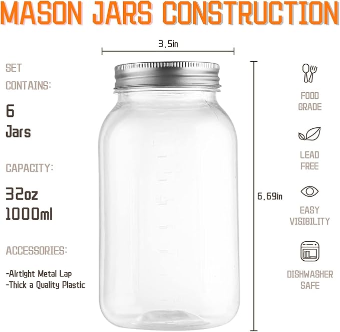 novelinks 32 oz Clear Plastic Jars with Lids, 6 Pack Large Plastic Mason Jars with Lids 32oz, Reusable Quart Containers for Kitchen Organization (6 Pack,Silver)