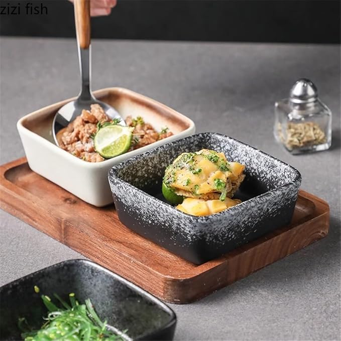 Appetizer Plates Vintage Ceramic Seasoning Dish Soy Sauce Vinegar Dishes Appetizer Plate Sushi Plate for Condiment(Black)