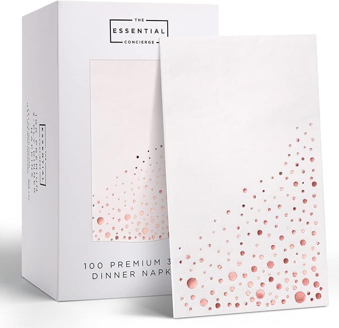 Stylish Rose Gold Napkins, 100 Disposable Rose Gold Napkins for Party, 7.5 x 4.25 Inch White and RoseGold Dinner Napkins, 3-Ply Paper Napkins, RoseGold Party Napkins
