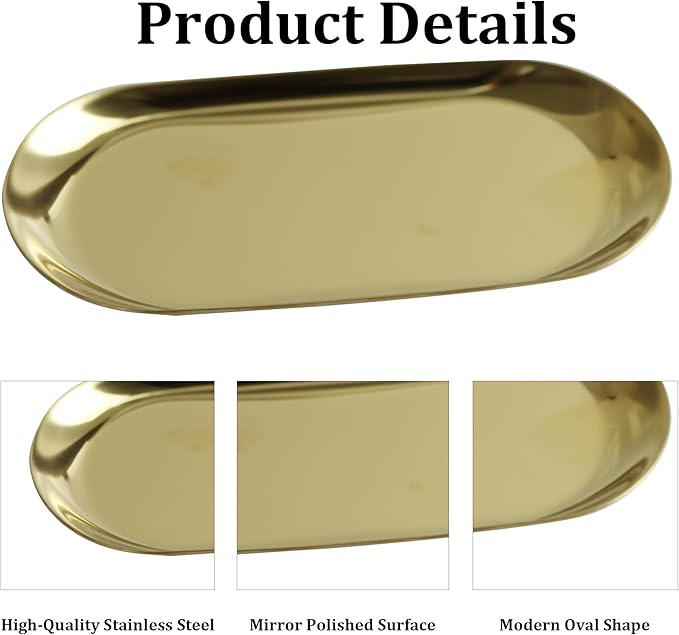 2Pcs 9x4inch Stainless Steel Decorative Trays, Oval Jewelry Dish Cosmetics Organizer, Gold Serving Platter for Bathroom Vanity Dresser Storage