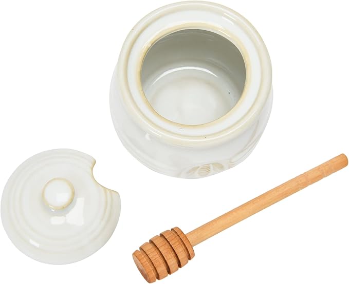 Creative Co-Op Farmhouse Embossed Stoneware Honey Pot with Wood Honey Dipper, White