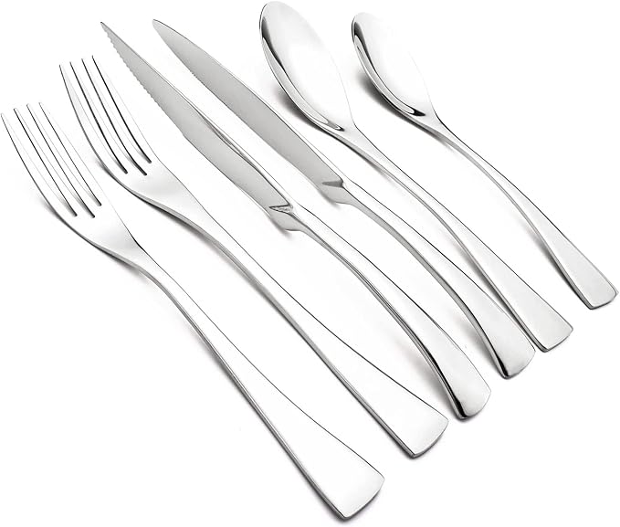 24-Piece 304 Silverware Set, Mirror Polish Serving Flatware Cutlery Set Include Steak Knife Fork Spoon, Wedding Kitchen Restaurant Utensils Daily Use, Service For 4, Silver