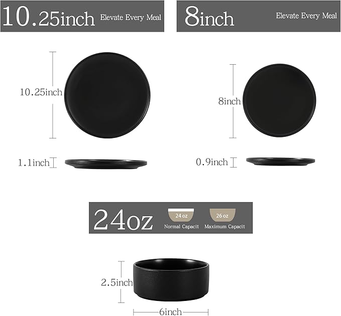 24 Piece Ceramic Dinnerware Set for 8, Modern Minimalist Stoneware Dinner Plates and Bowls, Microwave Safe, Dishwasher Safe, Versatile for All Seasons, Matte Black