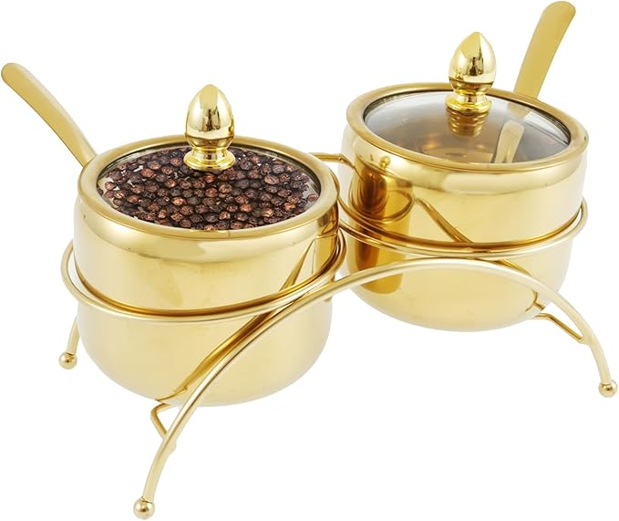 Stainless Steel Sugar Bowl Set with Clear Glass Lid Bracket Rustproof Seasoning Box Smooth Condiment Pots Compact Sugar Container Reusable Seasoning Jar Spice Container for Salt Candy QQIKUUF(golden)
