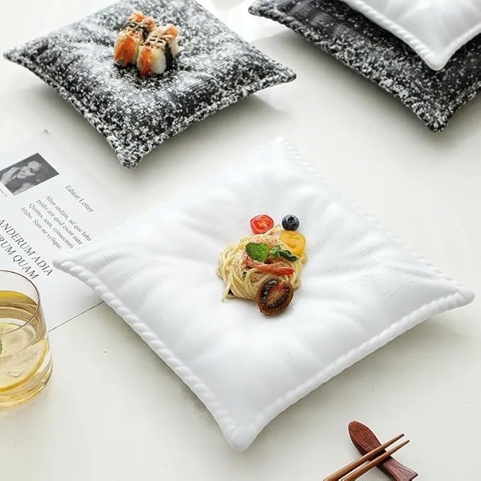 Plates Simple Ceramic Salad Plate Kitchen Tableware Dinner Plate Dessert Bread Plate Pillow Shape Dessert Bowl Salad Bowls Dinner Plates(B,Small)