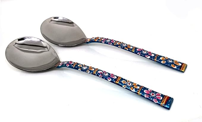 Rastogi Handicrafts Copper Bamboo Hand Painted Meena Work Dinnerware flatware serving spoon utensils Set Of Two (Terquaise)