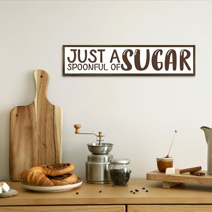 Rustic Wooden Coffee Decor, Just A Spoonful Of Sugar Sign - Whimsical Sweet-Themed Decor, Gift for Dessert Lovers, Wall/Tabletop Accent for Kitchen, Farmhouse Tiered Tray Sign