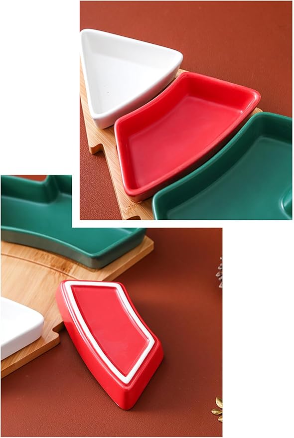 Colorful 10.8 Inches Colorful Snack Appetizer Trays Sets, Christmas Tree Dessert Serving Dishes, Snack Platter, 3 pcs Removable Porcelain Plates with Bamboo Tree Tray