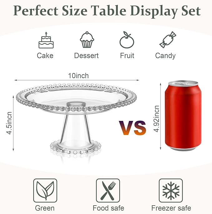 Wenqik 10 Inch Beaded Glass Cake Stand Vintage Clear Cake Stand Cakes Serving Platters Footed Dessert Plate Display Desserts Holder Fruit Serving Tray Display Accessories for Wedding Party Supplies