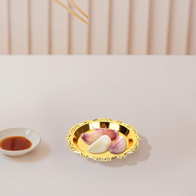 6pcs Serving Tray Set, 4in Small Vintage Decorative Round Metal Platters, Reusable Serving Dishes Party Appetizer Tray for Snack Fruit Sushi Buffet, Golden