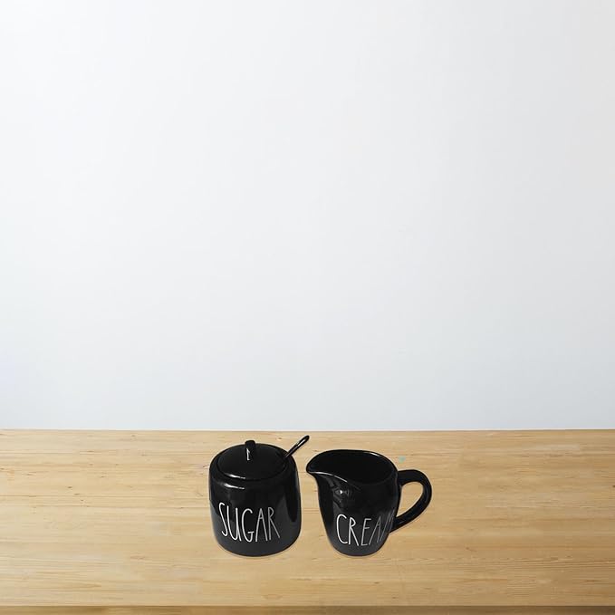 Sugar and Creamer Set, Cream Container and Sugar Holder Set for Coffee Bar, Farmhouse Sugar Bowl with Lid and Spoon, Ceramic Sugar Dispenser and Creamer Pitcher Set for Countertop (Black)