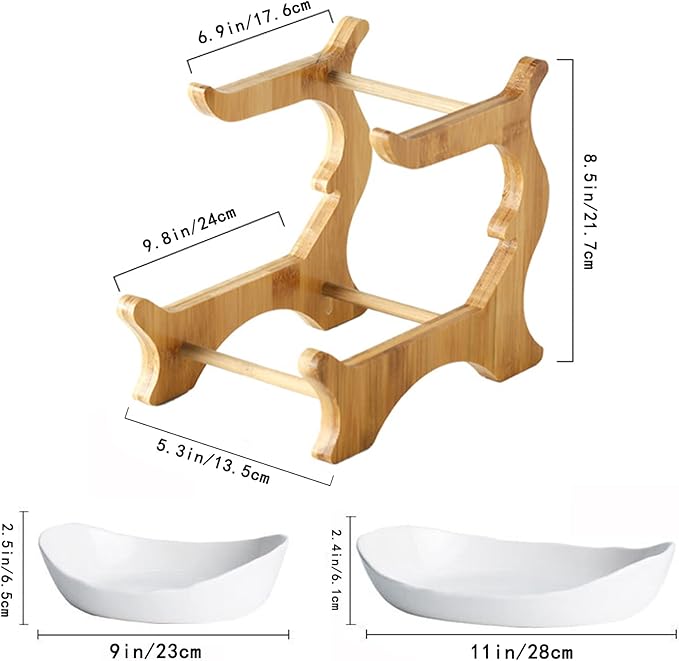 2 Tier Ceramic Fruit Bowl With Bamboo Wood Stand for Kitchen Counter,Porcelain Fruit Basket for Vegetable Storage,Snack Dessert Cake Tray Plate Rack for Party Wedding - White
