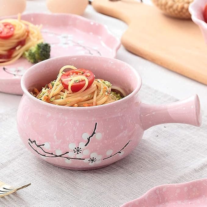 Dinnerware Sets Dish Set,Ceramic Plate Set,5-Piece Porcelain Japanese Tableware Set with Handle Bowl Plate,Service for 1,Great Gift for Friends and Home (Pink One Size)