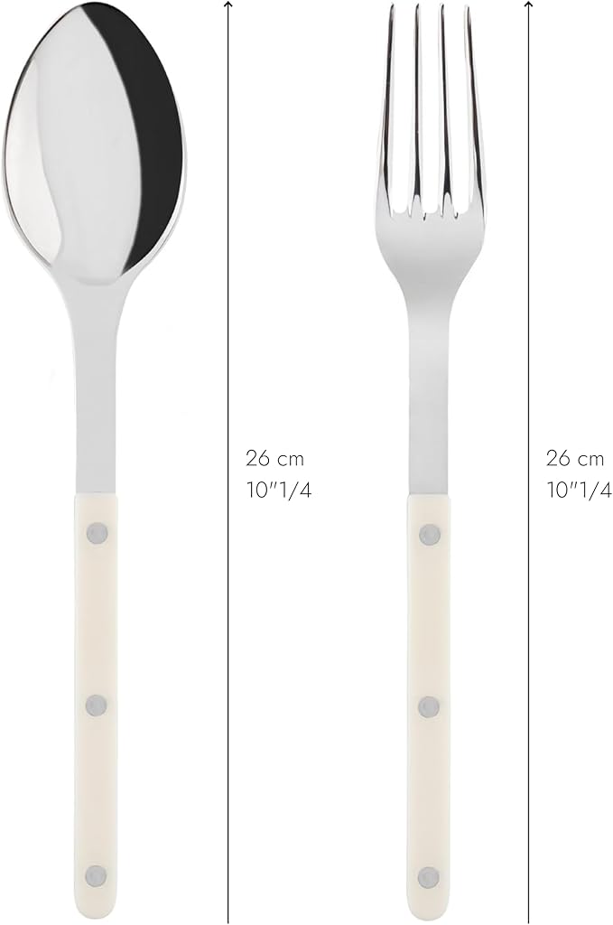 SABRE PARIS - 2-Piece Serving Set - Bistrot Collection - Large Fork & Large Spoon - Stainless Steel & Nylon - Dishwasher Safe - Ivory - Brilliant Finish