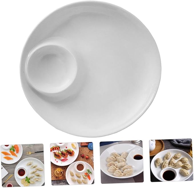 9-Inch White Ceramic Dumpling Plate Simple Style Serving Dish for Dipping and Sauces for Appetizers and Desserts for Entertaining